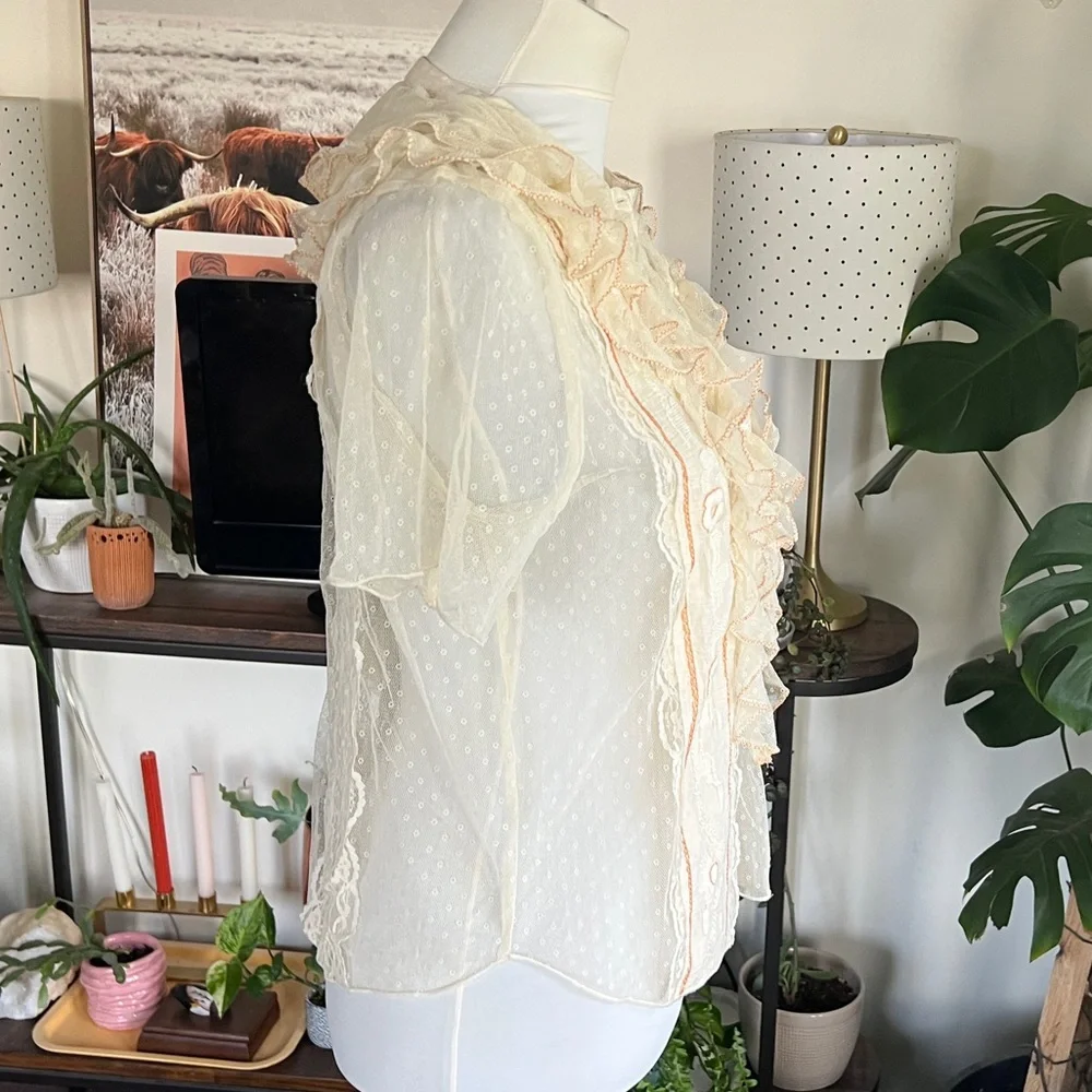 Free People Elegant Cream Lace Ruffle Top S - Picture 8 of 16